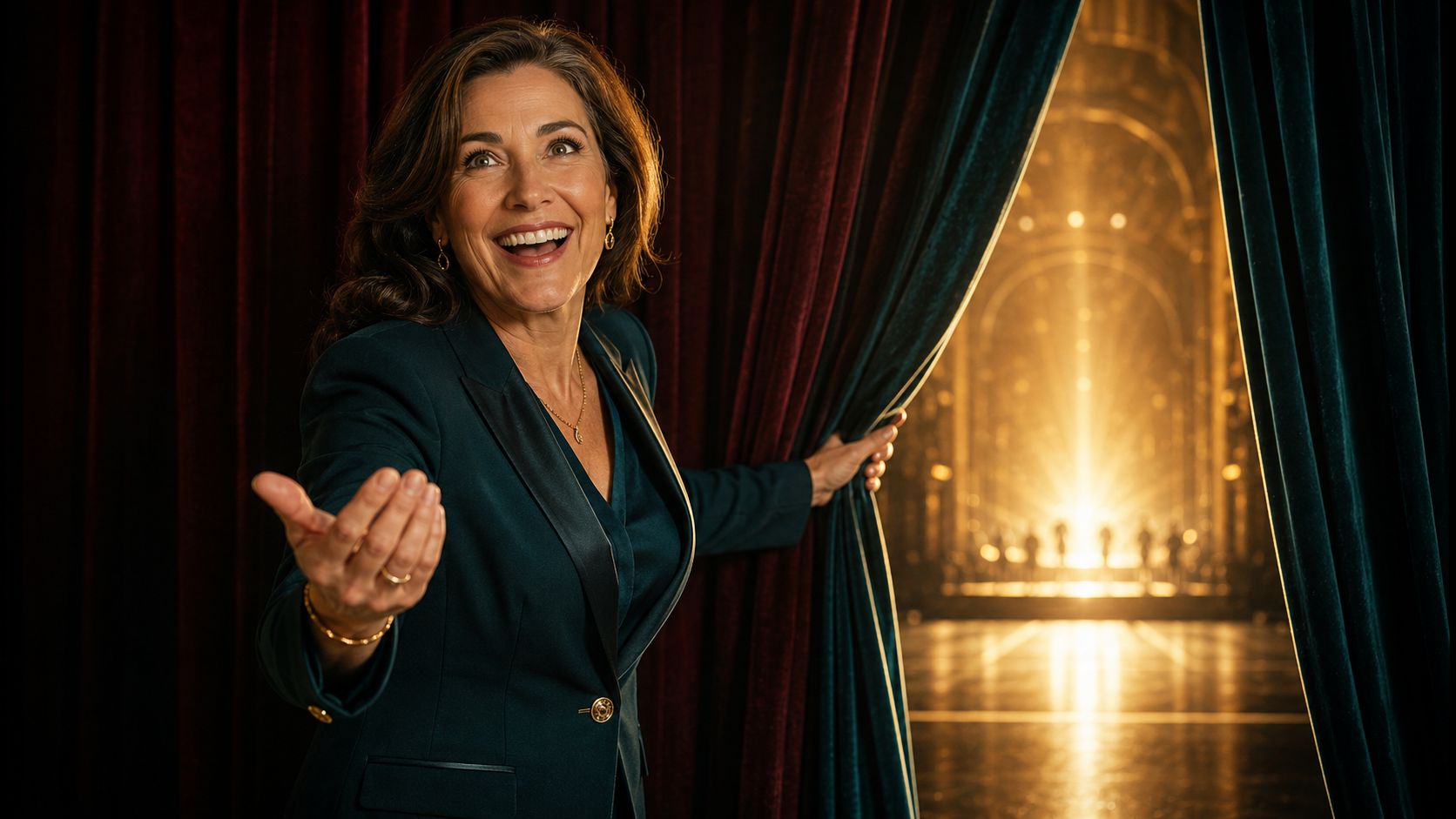 A welcoming host opens rich red and teal theater curtains toward a glowing stage.